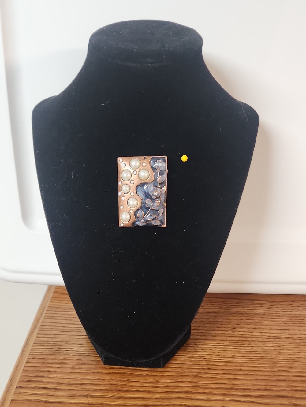 Large Copper With Faux Pearl And Purple Enamel Pendant
